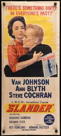 9j909 SLANDER Aust daybill 1957 Johnson & Ann Blyth be the victim of a slanderous sex magazine?