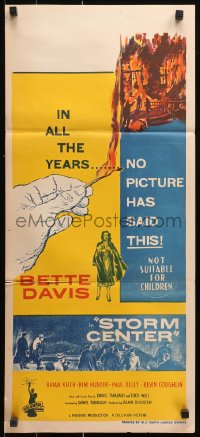 9j922 STORM CENTER Aust daybill 1956 different art of Bette Davis, scenes of firemen vs. inferno!