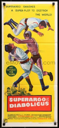 9j926 SUPERARGO VS. DIABOLICUS Aust daybill 1966 cool art of masked hero by Renato Casaro!