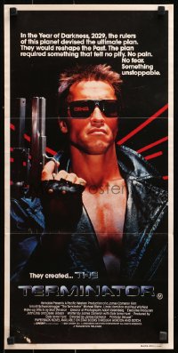 9j938 TERMINATOR Aust daybill 1984 super close up of classic cyborg Arnold Schwarzenegger w/gun!