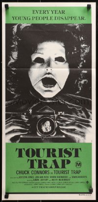 9j955 TOURIST TRAP Aust daybill 1979 Charles Band, wacky horror image of masked woman with camera!