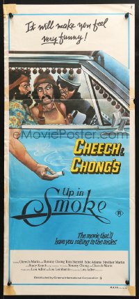 9j969 UP IN SMOKE Aust daybill 1978 Cheech & Chong marijuana drug classic, great Scakisbrick art!