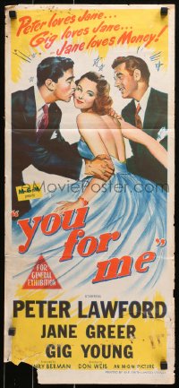 9j997 YOU FOR ME Aust daybill 1952 pretty Jane Greer between Peter Lawford & Gig Young!