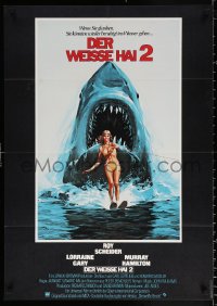 9j311 JAWS 2 German 1978 great classic art of giant shark attacking girl on water skis by Lou Feck!