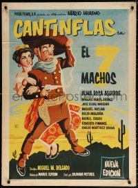 9j032 EL 7 MACHOS Mexican poster 1950 art of wacky cowboy Cantinflas with sexy senorita, rare!