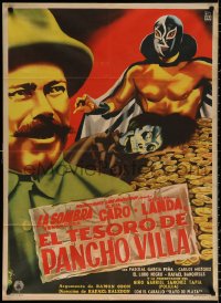 9j034 EL TESORO DE PANCHO VILLA Mexican poster 1954 Diaz art of masked wrestler & gold pile!