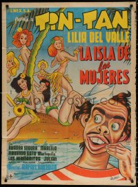 9j042 LA ISLA DE LAS MUJERES Mexican poster 1953 Urzaiz art of Tin-Tan on island w/sexy girls