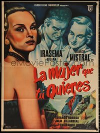 9j043 LA MUJER QUE TU QUIERES Mexican poster 1952 art of sexy bad girl & crashing car by Caballero!