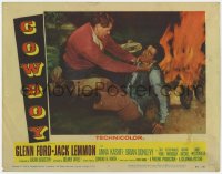9k342 COWBOY LC #2 1958 Glenn Ford & Jack Lemmon in death struggle by campfire!