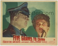 9k438 FIVE GRAVES TO CAIRO LC #7 1943 best close up of Erich von Stroheim with scared Anne Baxter!