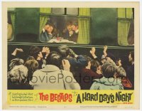 9k490 HARD DAY'S NIGHT LC #4 1964 crowd of fans mob all four Beatles eating inside of train!