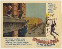 9k491 HAROLD LLOYD'S WORLD OF COMEDY LC #8 1962 classic image hanging from ledge of building!