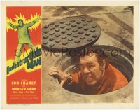 9k529 INDESTRUCTIBLE MAN LC 1956 close up of crazy Lon Chaney Jr. emerging from manhole!