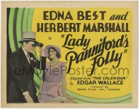 9k114 LADY PANNIFORD'S FOLLY Canadian TC 1931 Herbert Marshall, Edna Best, Edgar Wallace, ultra rare!