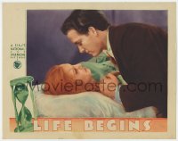 9k584 LIFE BEGINS LC 1932 romantic close up of Loretta Young in bed comforted by Eric Linden!