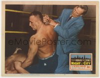 9k678 NIGHT & THE CITY LC #6 1950 Richard Widmark restrains wrestler Mike Mazurki in the ring!
