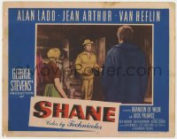 9k816 SHANE LC #3 1953 Alan Ladd in buckskin enters homestead of Van Heflin & Jean Arthur!
