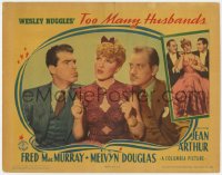 9k910 TOO MANY HUSBANDS LC 1940 close up of Jean Arthur between Melvyn Douglas & Fred MacMurray!