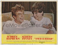 9k920 TWO FOR THE ROAD LC #8 1967 close up of Audrey Hepburn & Albert Finney laughing in bed!
