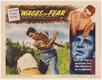 9k935 WAGES OF FEAR LC #5 1955 Yves Montand fighting in Henri-Georges Clouzot's suspense classic!