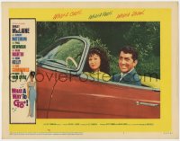9k961 WHAT A WAY TO GO LC #2 1964 c/u of Shirley MacLaine & Dean Martin in cool convertible car!