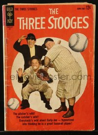 9m440 THREE STOOGES #13 comic book July 1963 Moe, Larry & Curly-Joe playing baseball!