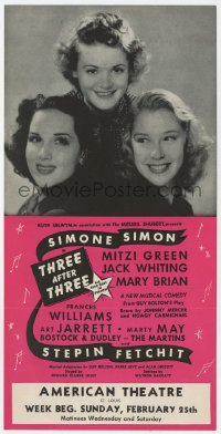 9m221 THREE AFTER THREE stage play herald 1940 Simone Simon, Mitzi Green & Mary Brian, rare!