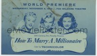 9m163 HOW TO MARRY A MILLIONAIRE world premiere herald 1953 Marilyn Monroe, Grable & Bacall, rare!