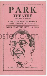 9m194 PARK THEATRE NOVEMBER 18-24 local theater herald 1923 Harold Lloyd in Why Worry, Viola Dana
