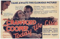 9m224 TODAY WE LIVE herald 1933 Joan Crawford, Gary Cooper, Robert Young, Howard Hawks, very rare!