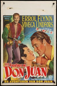 9p348 ADVENTURES OF DON JUAN Belgian 1949 cool art of Errol Flynn in a breathless adventure!