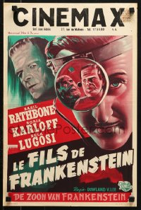9p413 SON OF FRANKENSTEIN Belgian R1950s art of monster Boris Karloff, Bela Lugosi & Rathbone!