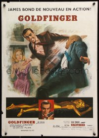 9p509 GOLDFINGER French 17x24 R1970s great Jean Mascii art of Sean Connery as James Bond 007!