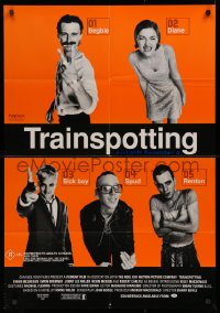 9r188 TRAINSPOTTING . Aust video poster 1996 heroin drug addict Ewan McGregor, Danny Boyle!