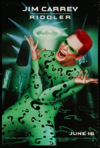 9r482 BATMAN FOREVER advance DS 1sh 1995 cool image of wacky, evil Jim Carrey as The Riddler!