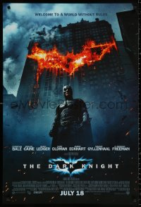 9r551 DARK KNIGHT int'l advance DS 1sh 2008 Christian Bale as Batman in front of burning bat symbol!