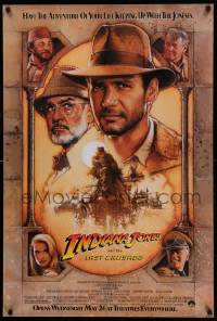 9r675 INDIANA JONES & THE LAST CRUSADE advance 1sh 1989 Ford/Connery over a brown background by Drew