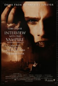 9r681 INTERVIEW WITH THE VAMPIRE advance DS 1sh 1994 close up of fanged Tom Cruise, Brad Pitt!
