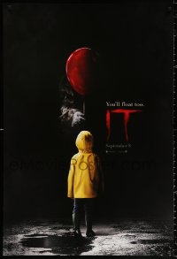 9r689 IT teaser DS 1sh 2017 creepy image of Pennywise handing child balloon, you'll float too!