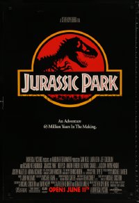 9r699 JURASSIC PARK advance DS 1sh 1993 Steven Spielberg, classic logo with T-Rex over red background
