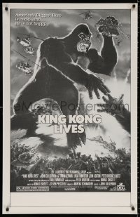 9r710 KING KONG LIVES 1sh 1986 great b/w artwork of huge unhappy ape attacked by army!