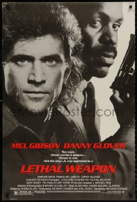 9r719 LETHAL WEAPON 1sh 1987 great close image of cop partners Mel Gibson & Danny Glover!