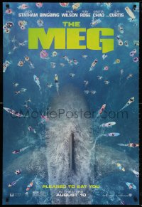 9r763 MEG teaser DS 1sh 2018 image of giant megalodon and terrified swimmers, pleased to eat you!