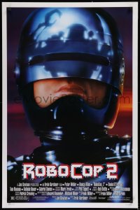 9r850 ROBOCOP 2 DS 1sh 1990 great close up of cyborg policeman Peter Weller, sci-fi sequel!