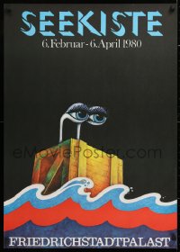 9r163 SEEKISTE 23x32 East German stage poster 1980 wild art of eyes on crate by Vonderwerth!