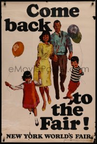 9r190 1964 NEW YORK WORLD'S FAIR 28x42 travel poster 1964 art of family having fun, come back!