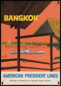 9r194 AMERICAN PRESIDENT LINES BANGKOK 23x34 travel poster 1958 Clift art of cargo liner, rare!