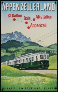 9r197 APPENZELL RAILWAYS 25x40 Swiss travel poster 1950 art of train with mountains in background!