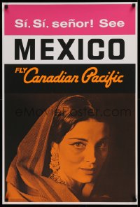 9r205 CANADIAN PACIFIC MEXICO 24x36 Canadian travel poster 1960s cool silkscreen close-up of woman!