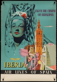 9r217 IBERIA ANDALUSIA 27x39 Spanish travel poster 1950s Lockheed Constellation, wonderful art!